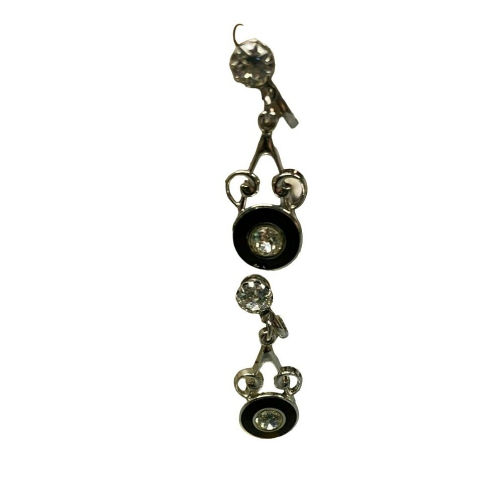 Vintage Vargas Black Enamel Silver tone with Rhinestone Center Dangle Screw-back